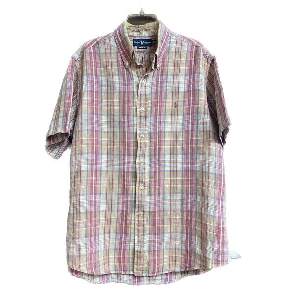 VTG Ralph Lauren Men’s XL Linen, Custom Fit plaid short sleeve shirt POLO logo - Picture 1 of 9